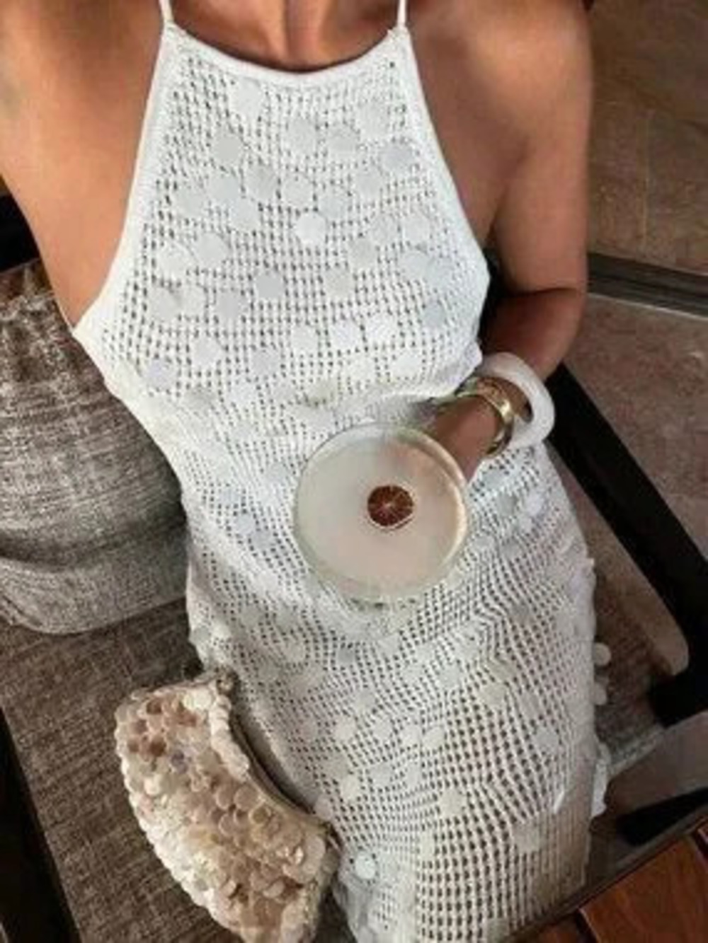 White Women's Sequin Halter Neck Cinched Waist Vacation Dress